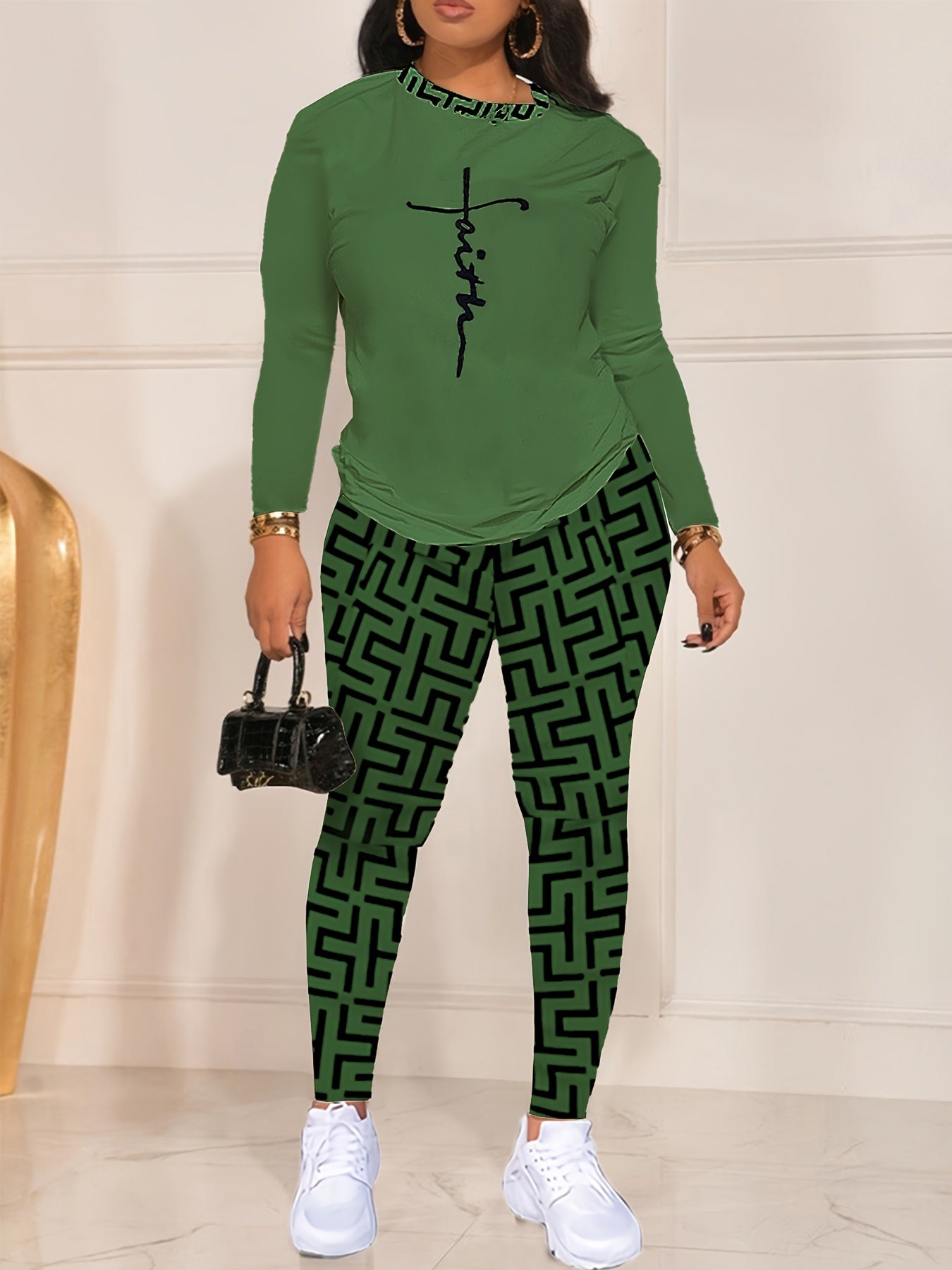 Chic Geo Print Women's Outfit - Casual Long Sleeve Top & Pants Set, Stretchy Polyester Blend, Machine Washable - For Women - Perfect for Everyday Wear - Great Gift for Fashionable Ladies